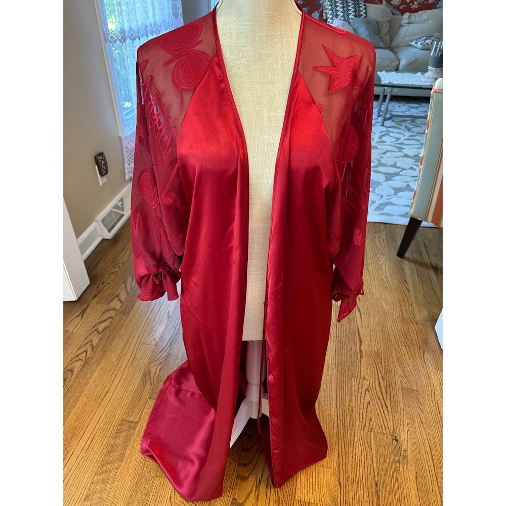 Vintage Victorias Secret Gold Label Red Satin Mesh Embroidered Star Robe small